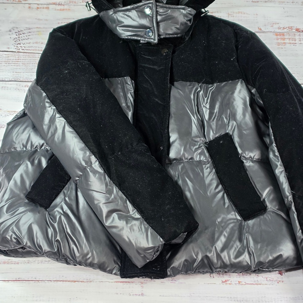 Andrew Marc Puffer Jacket Women Large Black Excellent Mixed Media Velvet Down
